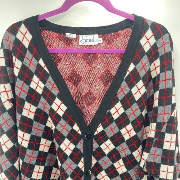 Rafaella Womens Cardigan Sweater Check Button Merino Wool Acrylic Black Red 3X - Picture 5 of 8